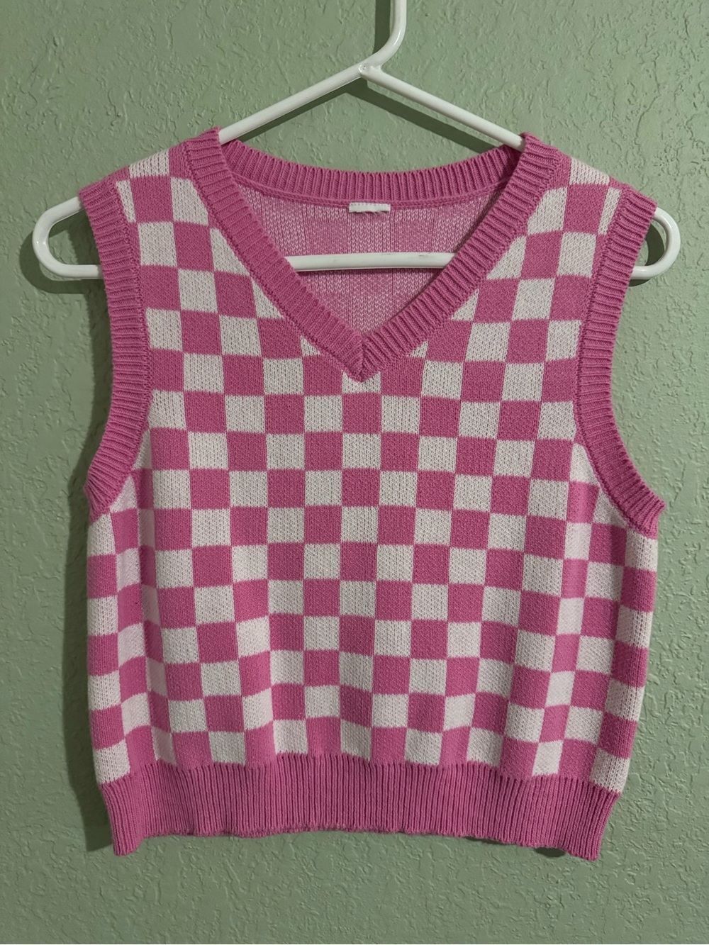 Pink Checkerboard Knit Sweater Vest - Women